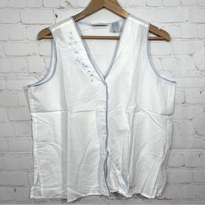 Vintage Erika Taylor Intimates Pajama Top Size Large White Embroridered Floral